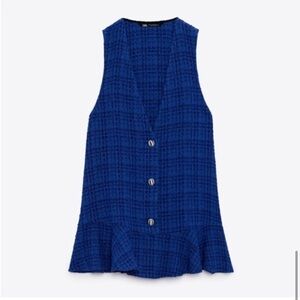 NWOT! Zara Blue Tweed Pinafore Ruffle Sleeveless Dress - Size Small